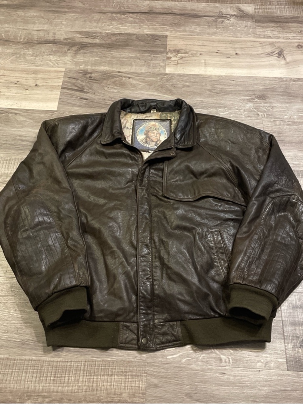 Men's Dark Brown Leather Bomber Jacket with map lining